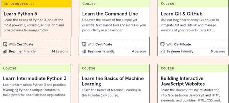 Courses only available at Codecademy's Pro level