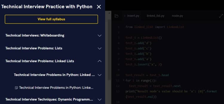 Codecademy has interview prep courses at the pro level