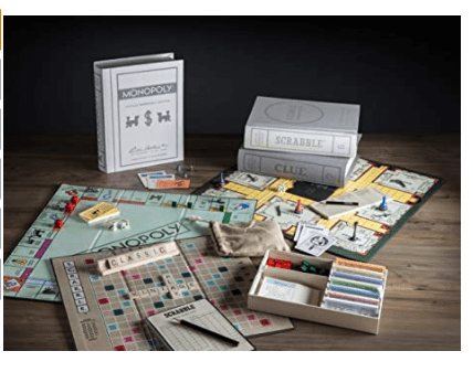 Scrabble, Monopoly, and Clue Vintage Board Game Bookshelf Collection